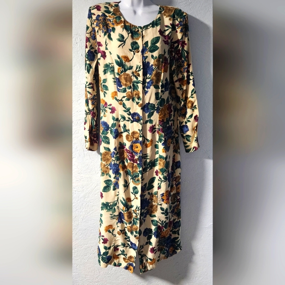 Vintage 1980s Victoria Ashley Cream Floral Long-Sleeve Dress - Women's Size 11